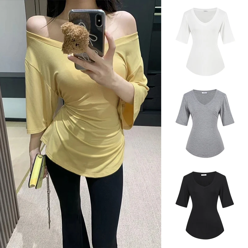 Moses Queen/魔西女王中长款V领裙摆短袖T恤遮肉显瘦露肩打底上衣