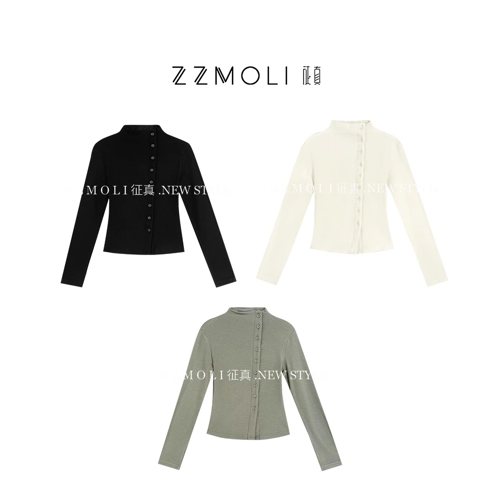 ZzMoLi征真 洋气衣服半高领T恤女款斜门襟设计感打底上衣ZBY90213