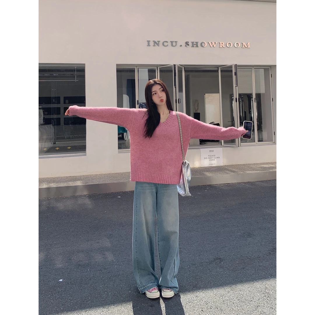 思蓓儿 灰色高级感v领毛衣女2024秋冬慵懒宽松百搭套头针织衫上衣