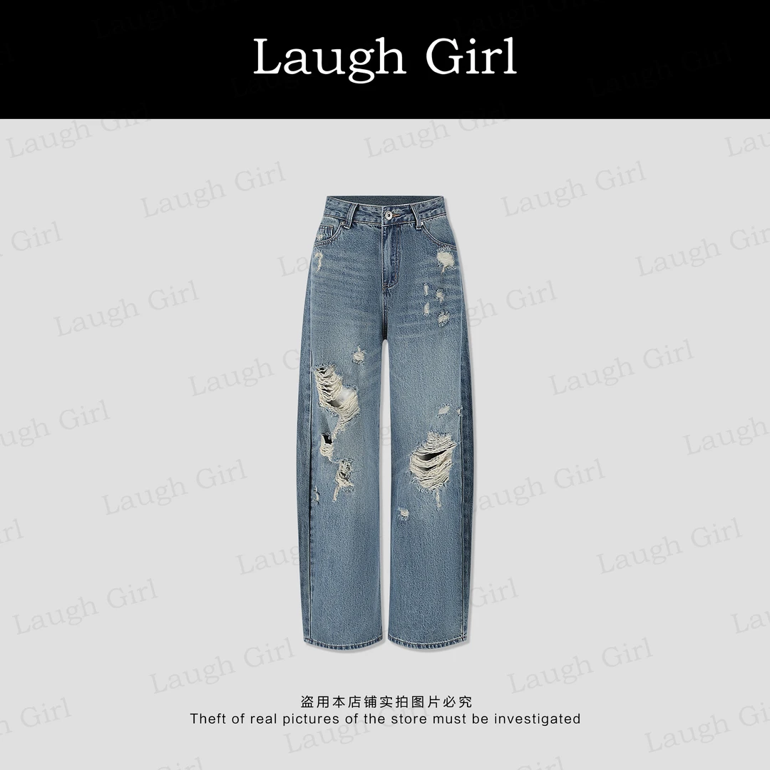 楚楚君 Laugh girl【姐的裤王】高腰水洗破洞直筒牛仔裤KL53178J