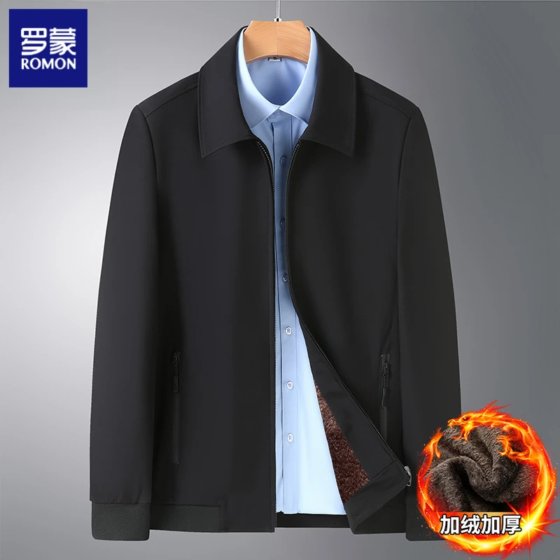 罗蒙秋冬季加绒加厚中老年男士翻领夹克休闲爸爸装商务春秋外套男