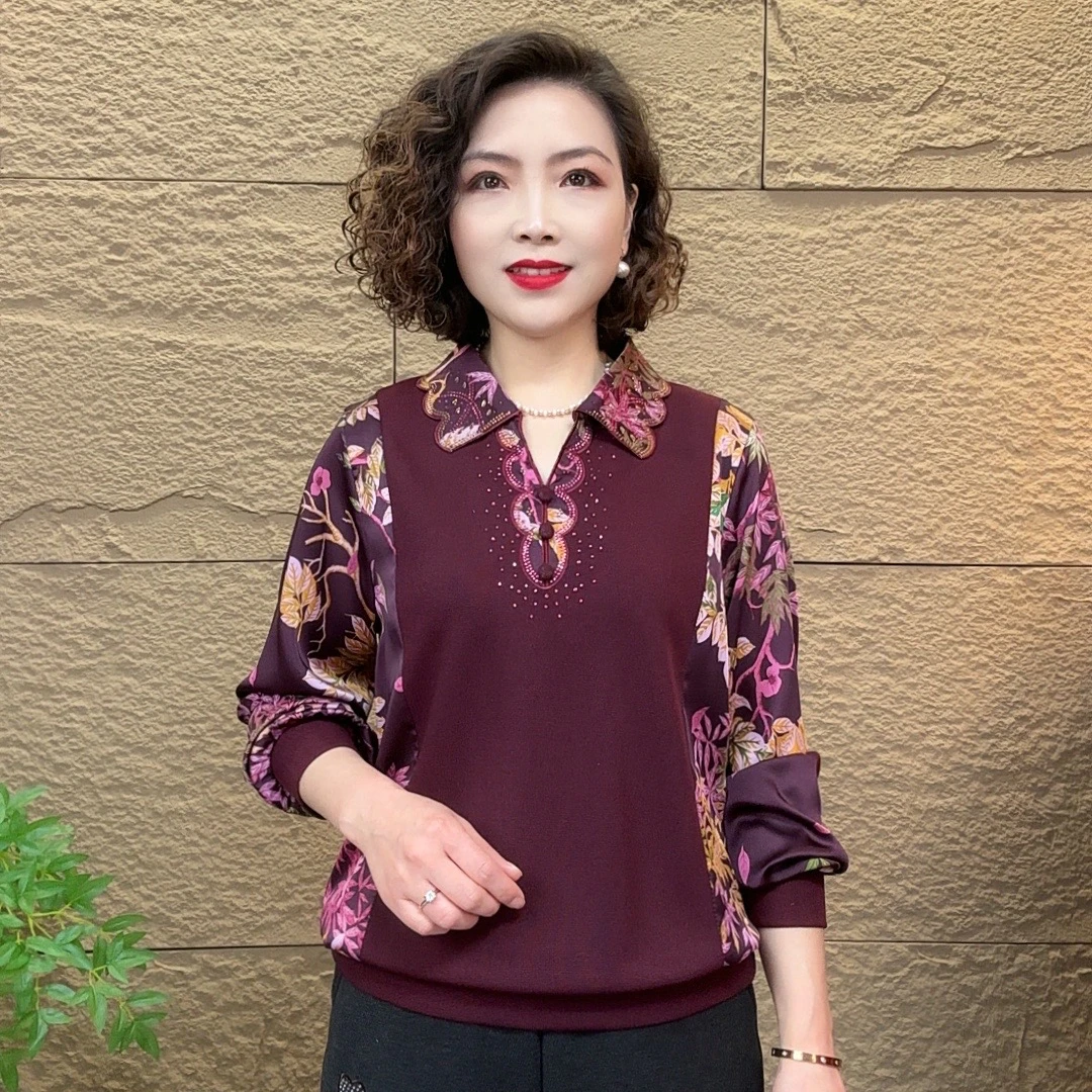 中老年妈妈装春款气质洋气减龄烫钻时尚休闲长袖宽松拼接女士小衫