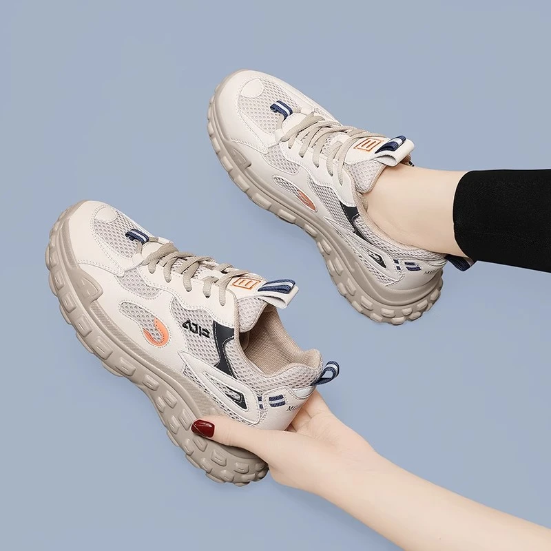 真皮厚底老爹鞋女款2025新款夏季显脚小透气网鞋轻便软底运动鞋子