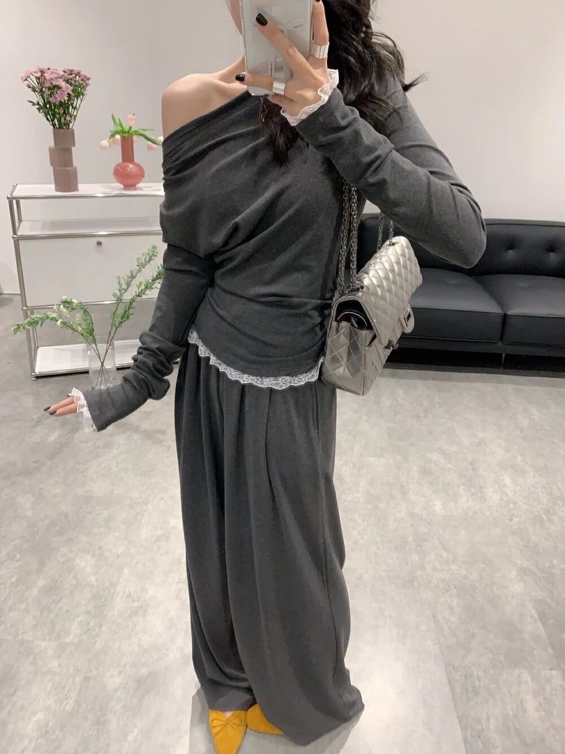 Nice  法式蕾丝拼接修身露肩上衣+显瘦长裤套装