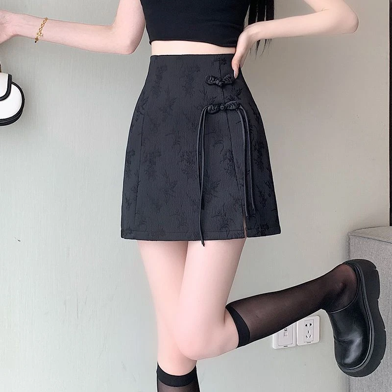 中式国风盘扣提花半身裙2025新款春夏A字开叉显瘦高腰短裙