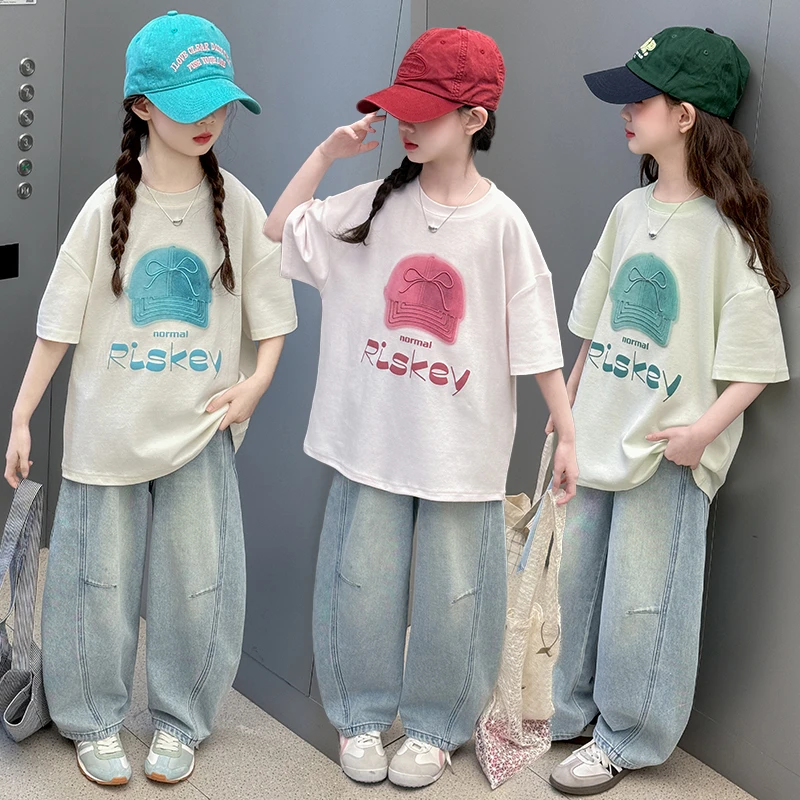 女童夏款帽子T恤弯刀牛仔裤套装2025新款6-14岁中大童女孩穿搭