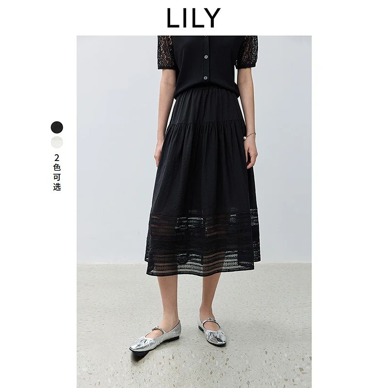LILY2025夏新款镂空蕾丝高腰A字半身裙女125209C6957