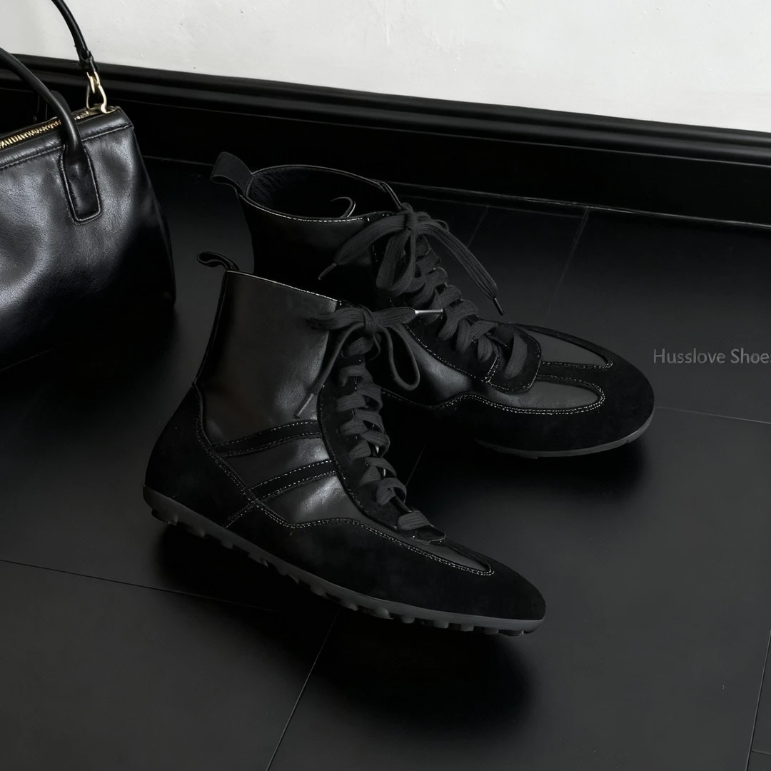 HUSSLOVE 头层牛皮+牛反·跟高3CM·时尚新款休闲百搭高帮德训鞋女