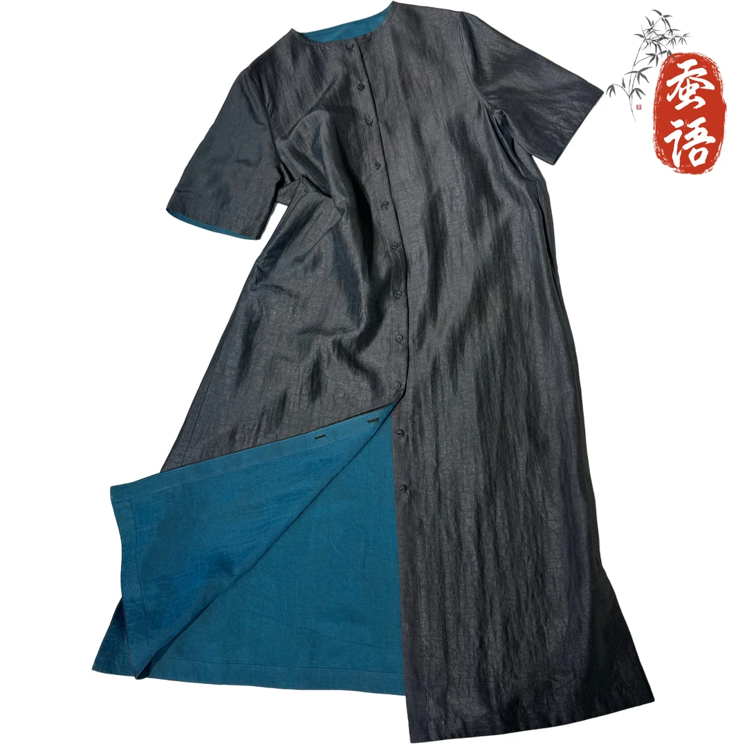 【蓝龟开衫连衣裙】桑蚕丝40姆米香云纱蓝龟短袖开衫连衣裙