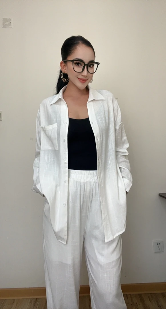 天丝亚麻衬衫搭配抽绳休闲裤高级简约春夏套装