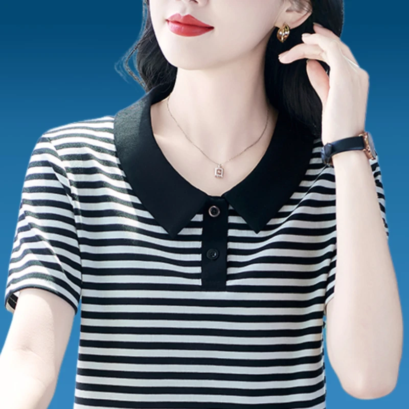 条纹妈妈短袖t恤女夏季2025宽松时尚运动polo衫洋气中老年翻领OL