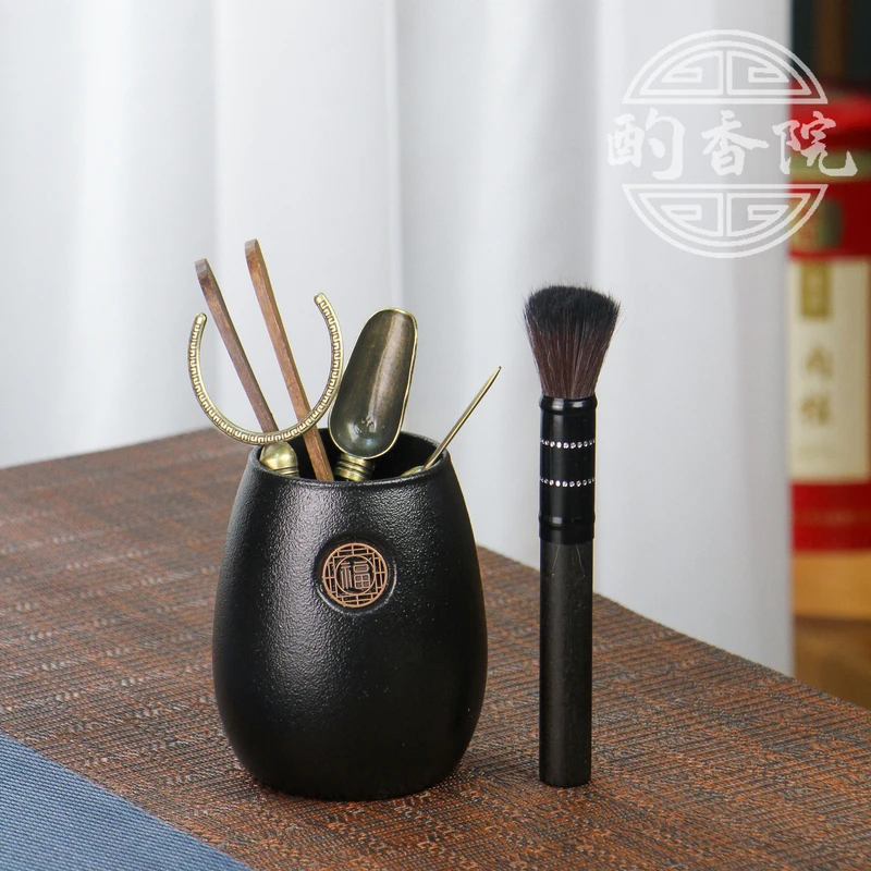 黑陶六君子茶道配件茶针茶杯托养壶笔黑陶底桶