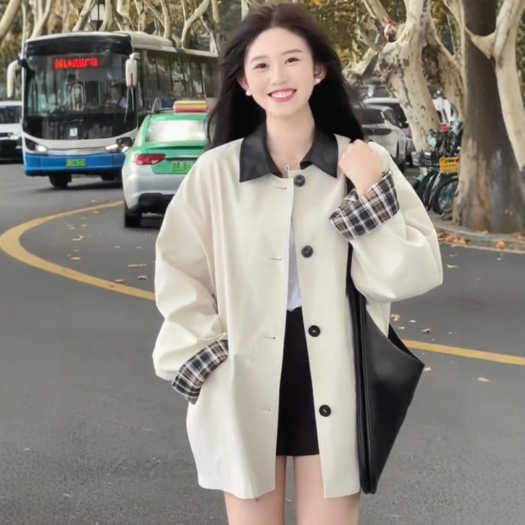 白色短版风衣女士2025新款春秋翻领小个子黑白格子撞色拼接短外套