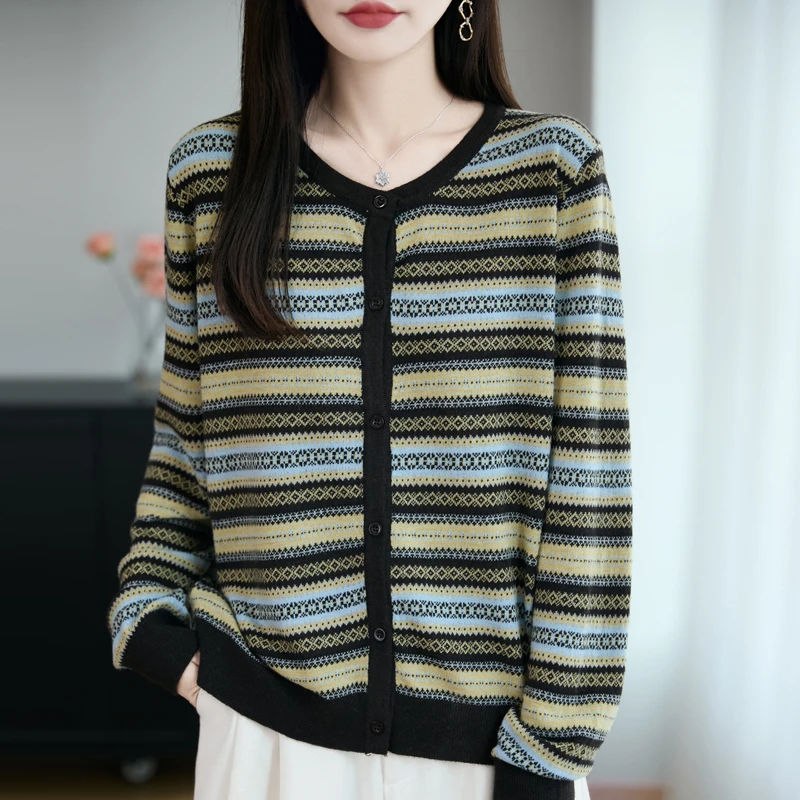 品牌女装秋季新款圆领条纹复古宽松提花毛针织开衫休闲时尚