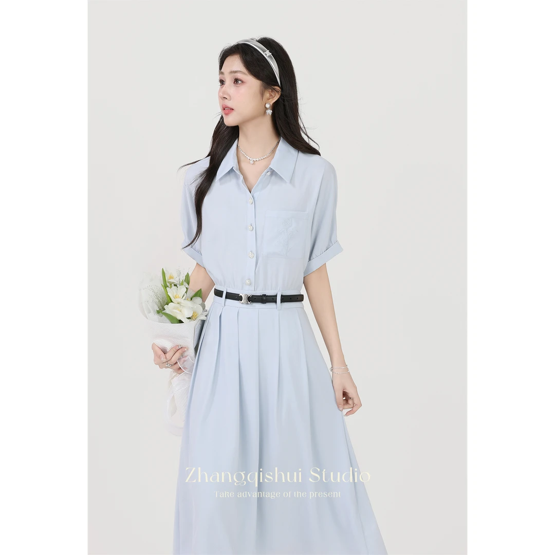 张汽水蓝色气质小众连衣裙女小个子收腰显瘦衬衫裙子NZ1100