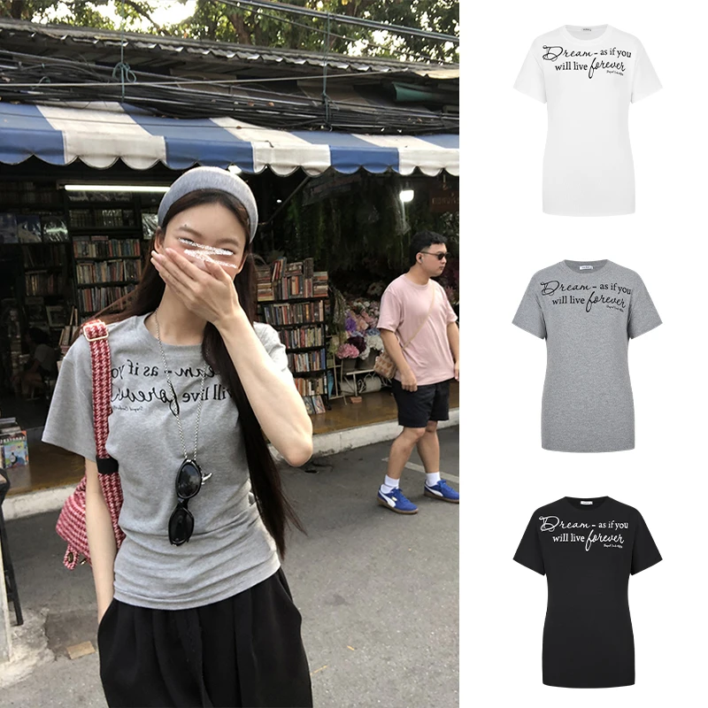 Moses Queen/魔西女王夏季穿搭慵懒系t恤女印花收腰短袖灰色上衣