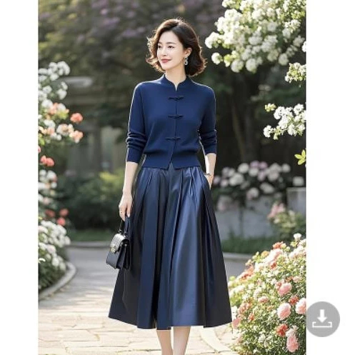 HH#【单/套装】新中式国风蓝色针织衫半身裙新款女套装DY14692