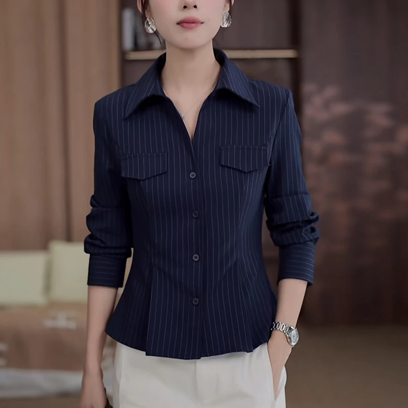 2025秋季新款女蓝色条纹衬衫轻奢高级感气质减龄修身显瘦职业上衣