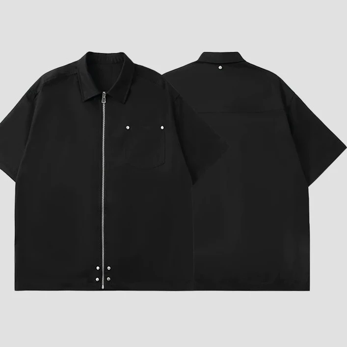 【金果子】美式复古雅痞黑色拉链短袖衬衫男女潮牌宽松百搭上衣WA19