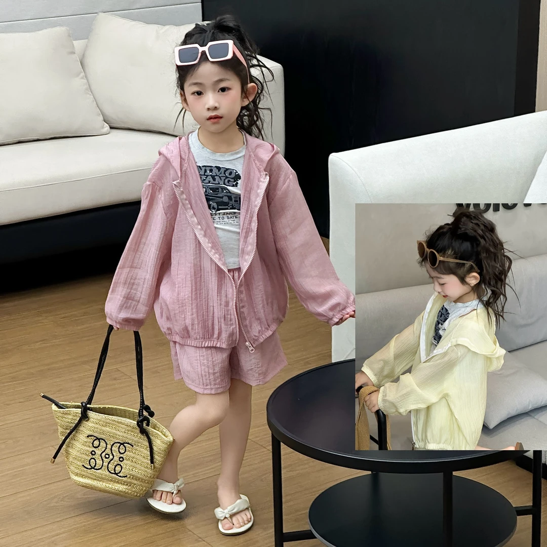 2025新款女男童防晒洋气时尚百搭天丝休闲连帽上衣短裤两件装韩版