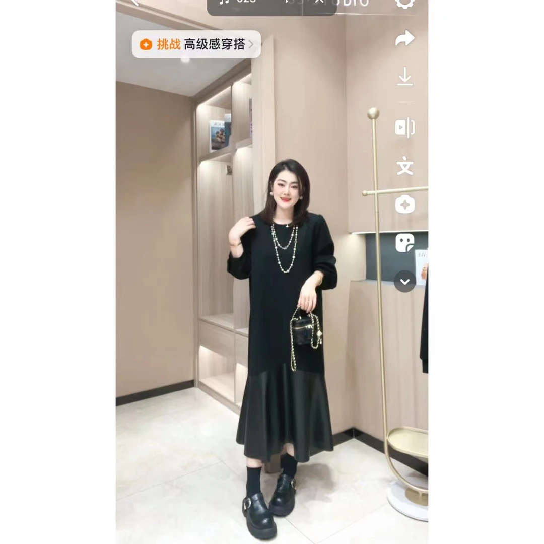 3797-1秋季新款定制显瘦慵懒风随性拼接皮面高品质显瘦连衣裙