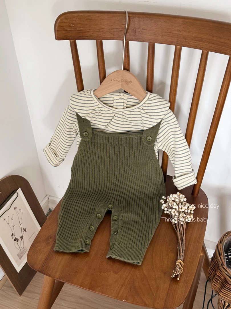 三小朵2696【绿野森林】女童婴幼儿宝宝秋冬毛线针织背带绿色套装