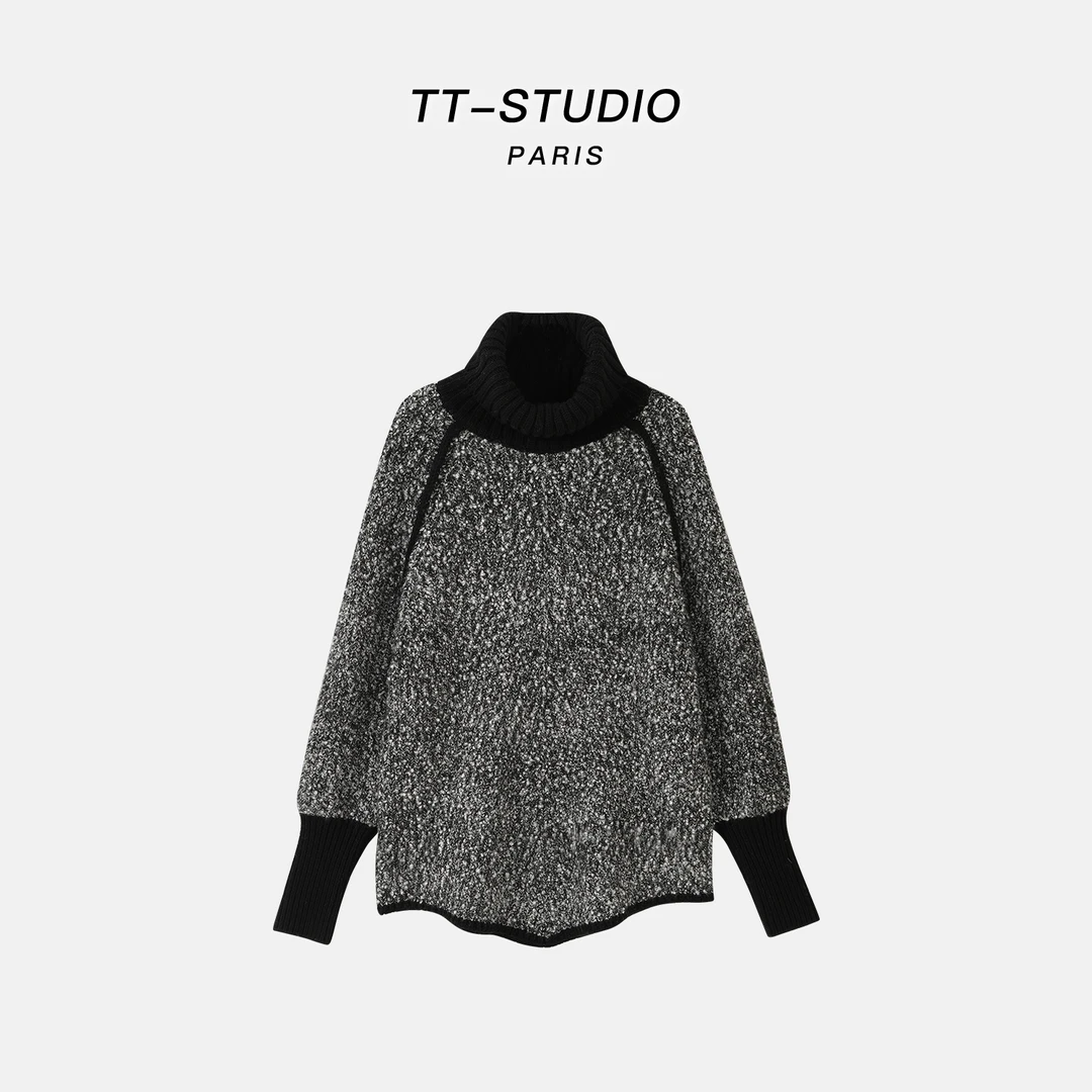 TT【花灰】羊毛高织拼接假两件花纱针织衫长袖高领毛衣TT-ZS8487