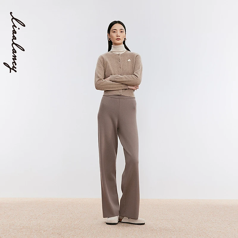 LANCY/朗姿2024冬季新款美丽诺羊毛针织长裤女休闲显瘦阔腿直筒裤