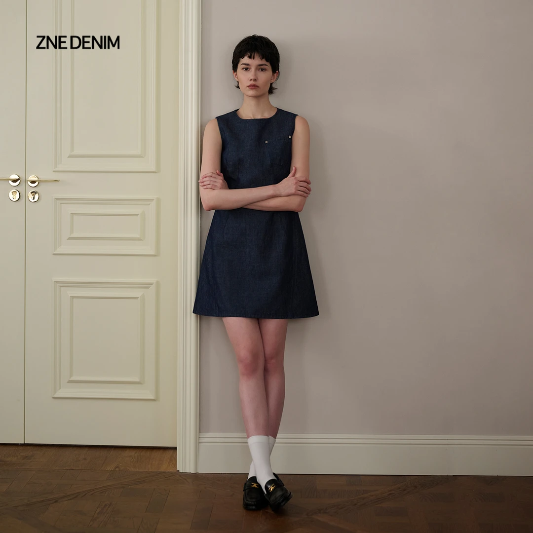 ZNE立体收身衣廓结构缝线复古棉麻牛仔连衣裙1606