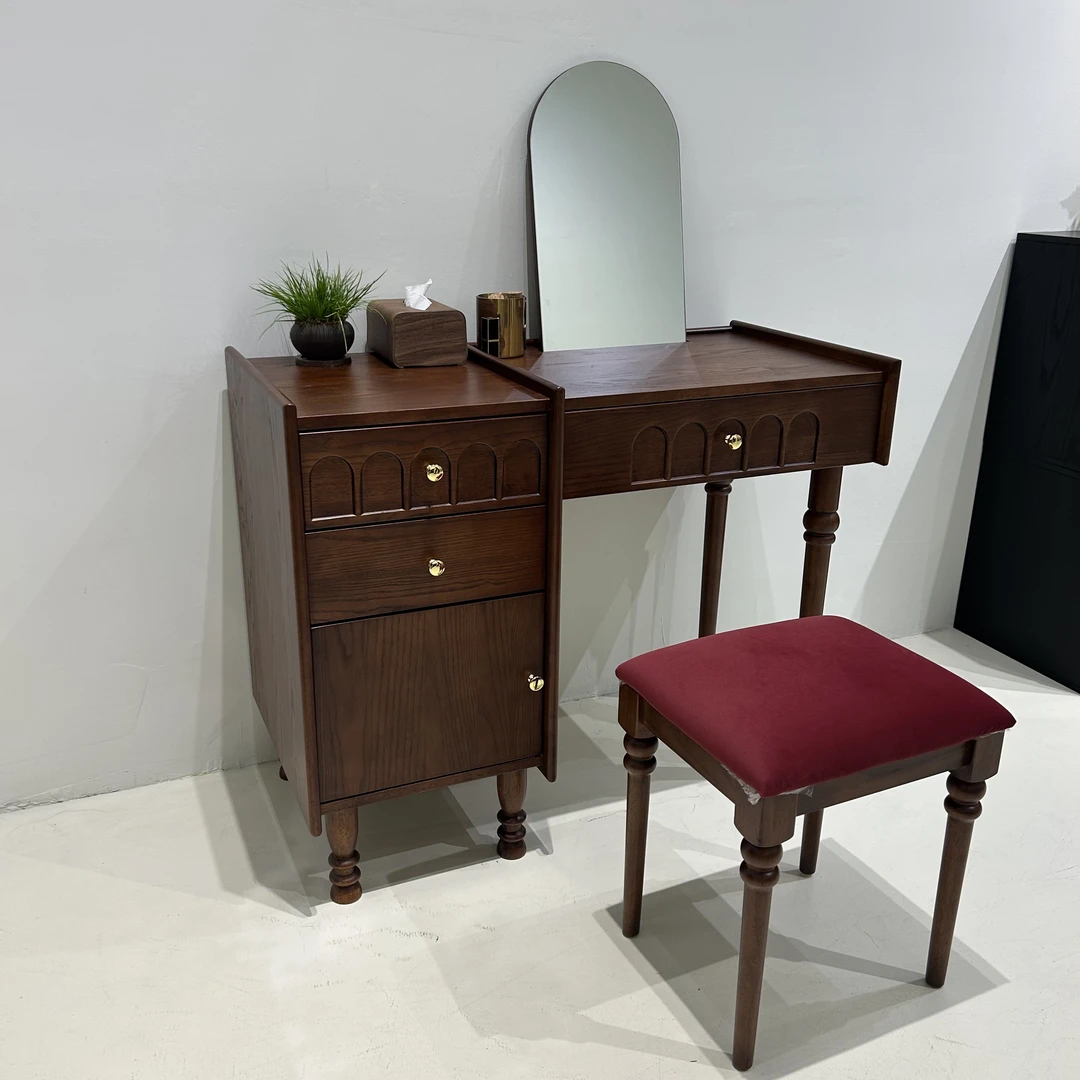 中古风实木梳妆台现代简约家用小户型化妆桌轻奢高级感带镜化妆台