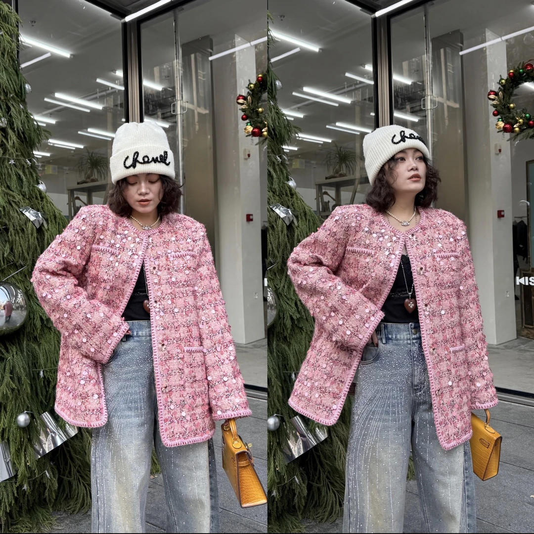 YDFSTUDIO小众【粉韵香风】欧货重工亮片小香拼接设计羽绒百搭外套