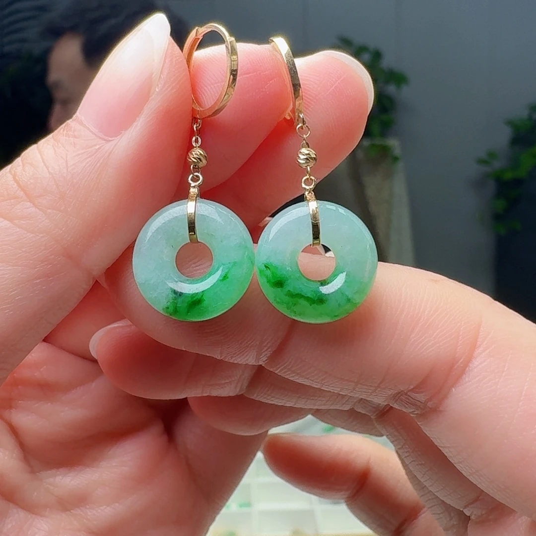 翡翠18K金镶嵌耳饰天然