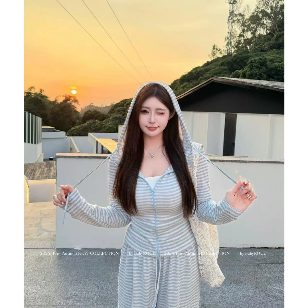 DZJ麦770893【遛弯套装】舒适柔软垂坠感气质毛巾感条纹外套长裤