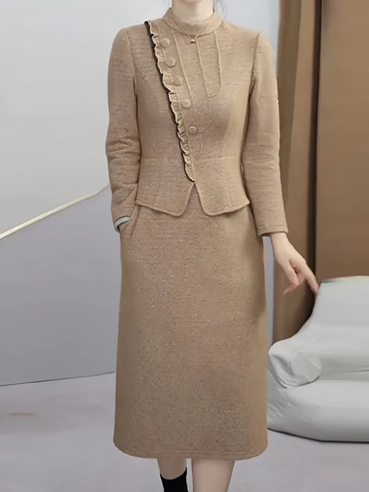 E614时尚连衣裙女2025新款气质名媛妈妈装加厚保暖假两件裙子