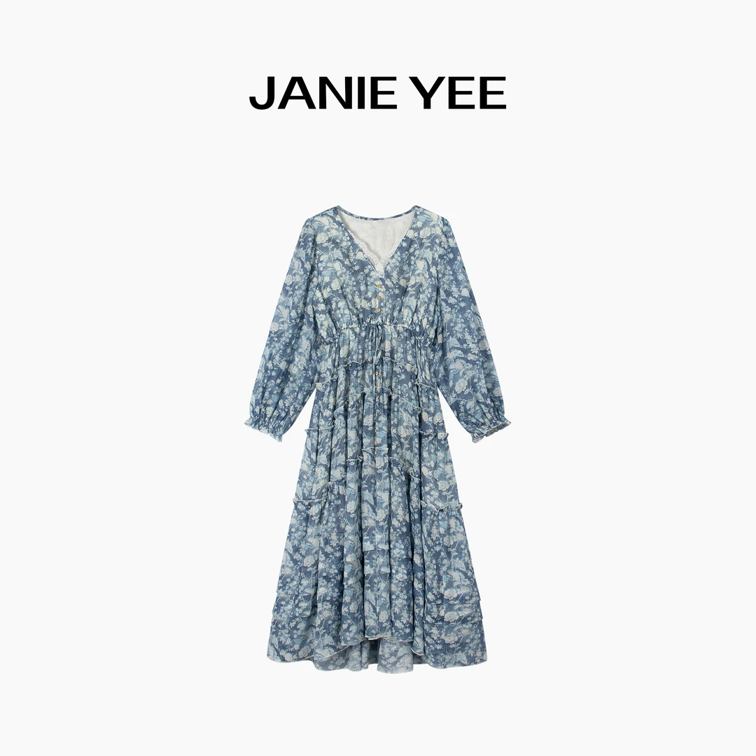 Janie Yee"小苍兰" 高定100苎麻V领碎花收腰长款连衣裙 25A2273