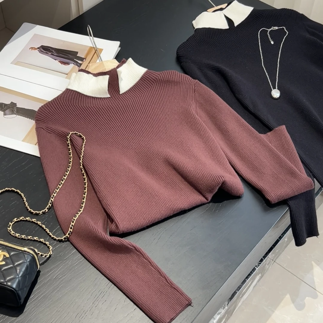 高性价比！弹力舒适 半高领拼接撞色领修身弹力款套头显瘦针织衫