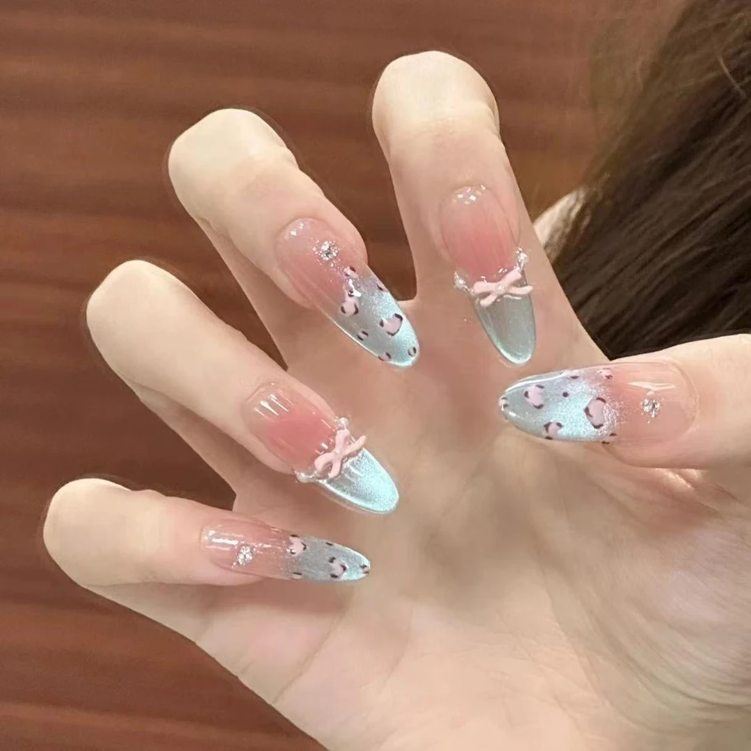 长款纯手工杏仁甲穿戴甲海盐豹纹猫眼美甲法式珍珠蝴蝶结显白贴片