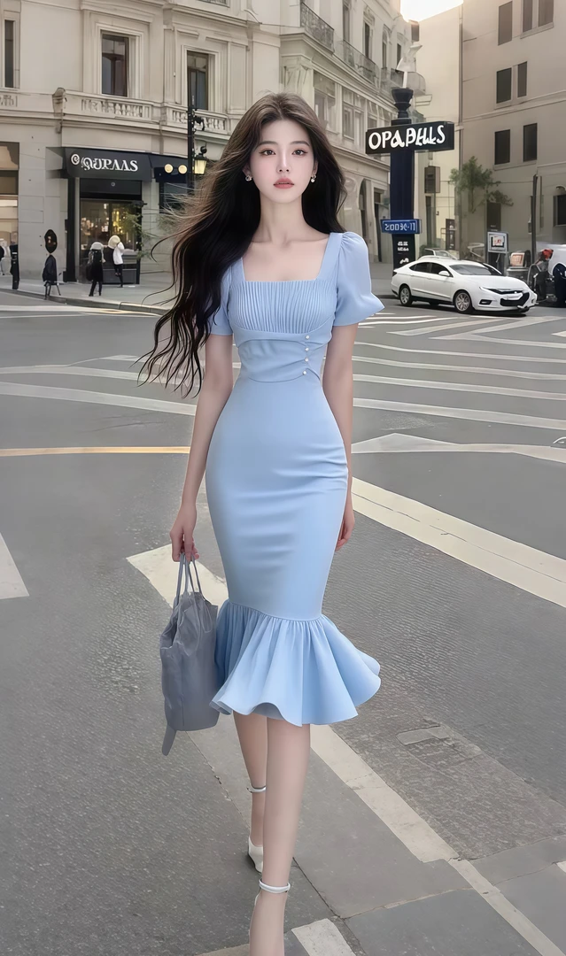 轻奢高端大气温柔风蓝色方领短袖修身收腰包臀连衣裙女氛围感长裙