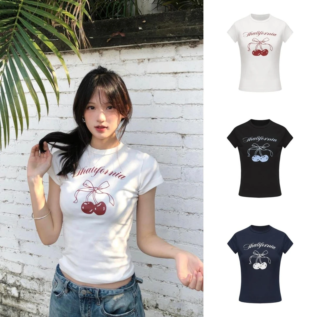 樱桃短袖甜心短款夏季修身黑白百搭纯棉正肩印花T恤