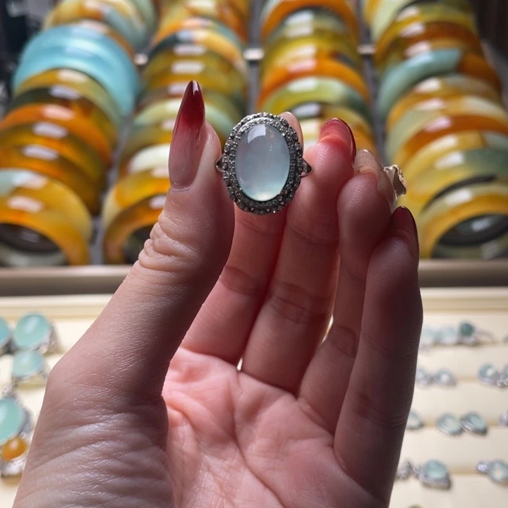 蛇纹石玉戒指银S925镶嵌高*