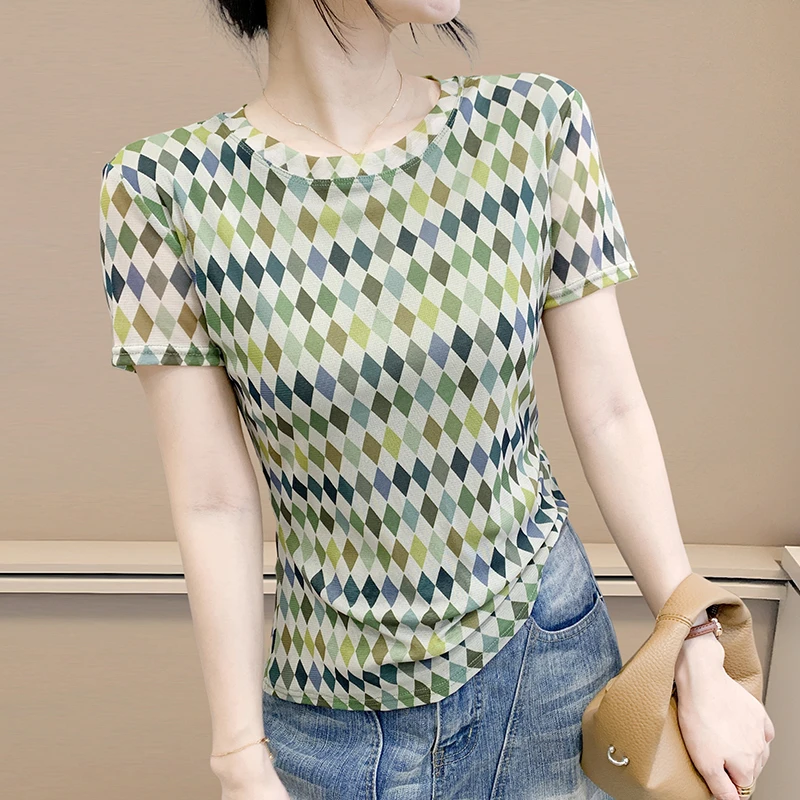 2025年夏季时尚高弹网休闲印花短袖圆领修身显瘦洋气上衣潮实拍