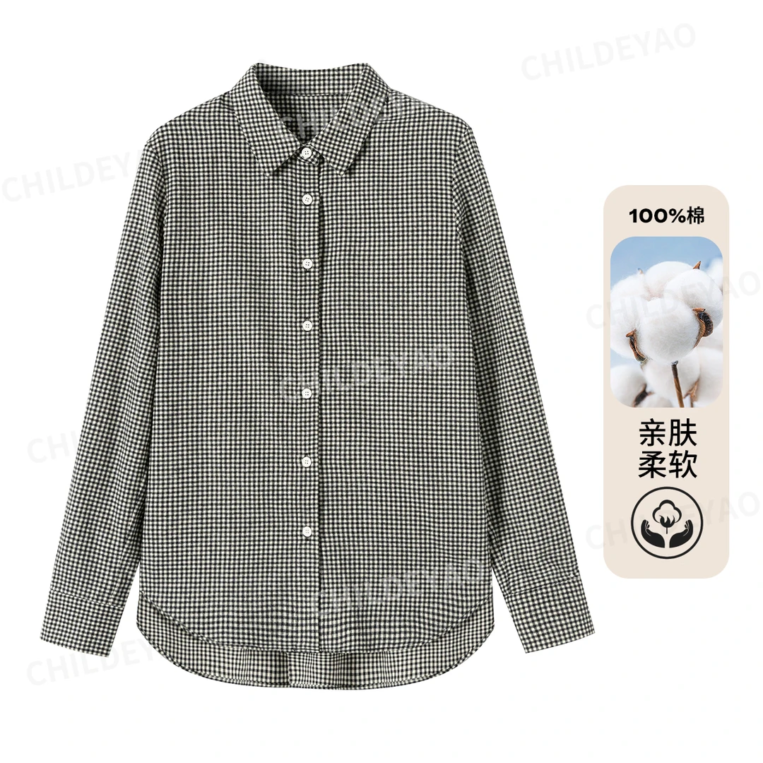 100%棉黑白格翻领简约衬衫百搭减龄衬衣女CYC51001C