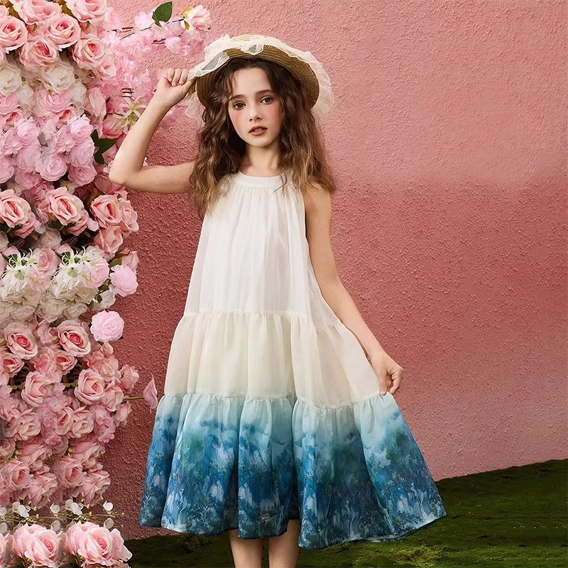 女童挂脖连衣裙夏季2025新款儿童度假风裙子夏装中大童公主裙洋气