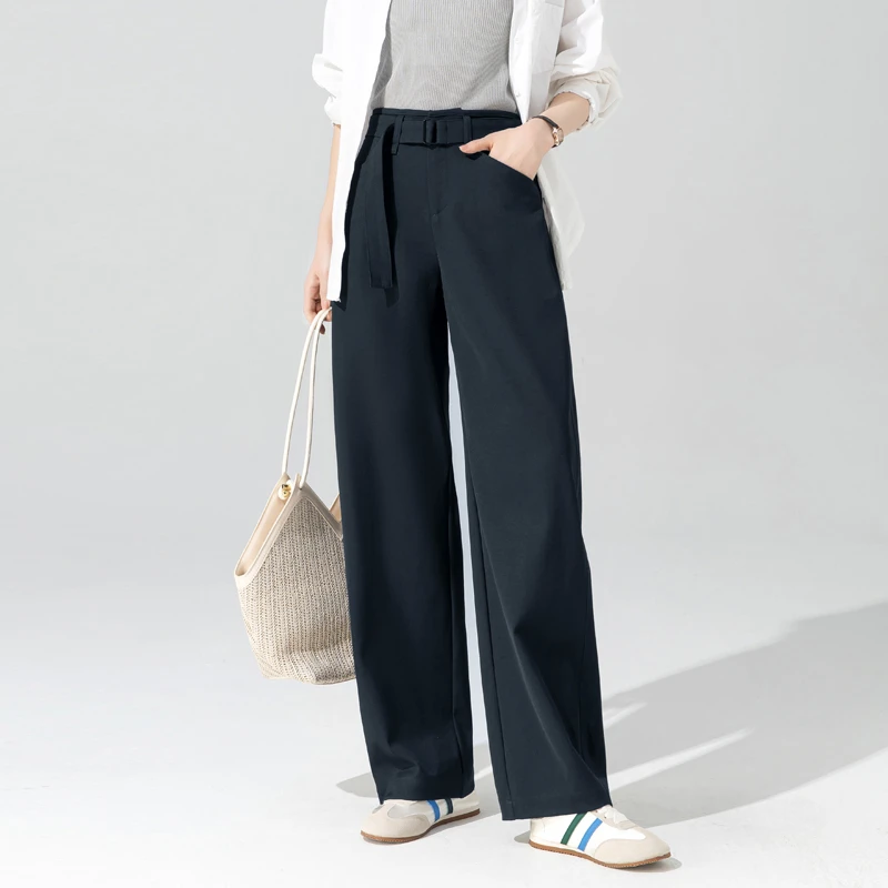 抗皱美式镰刀裤女2025新款舒柔特手熨阔腿裤休闲显瘦藏蓝色直筒裤