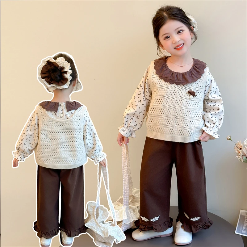 女童森系碎花套装洋气儿童针织马甲阔腿裤三件大小女孩宝宝春秋装