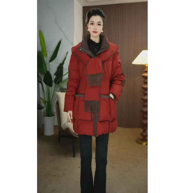 【奈娅定制】D8141冬季设计感围巾连帽新款优雅百搭白鹅绒羽绒服女