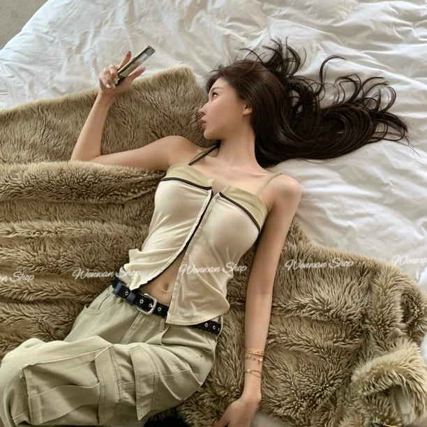 【韩女收割机】25早春新款撞色饰边吊带背心度假氛围感吊带