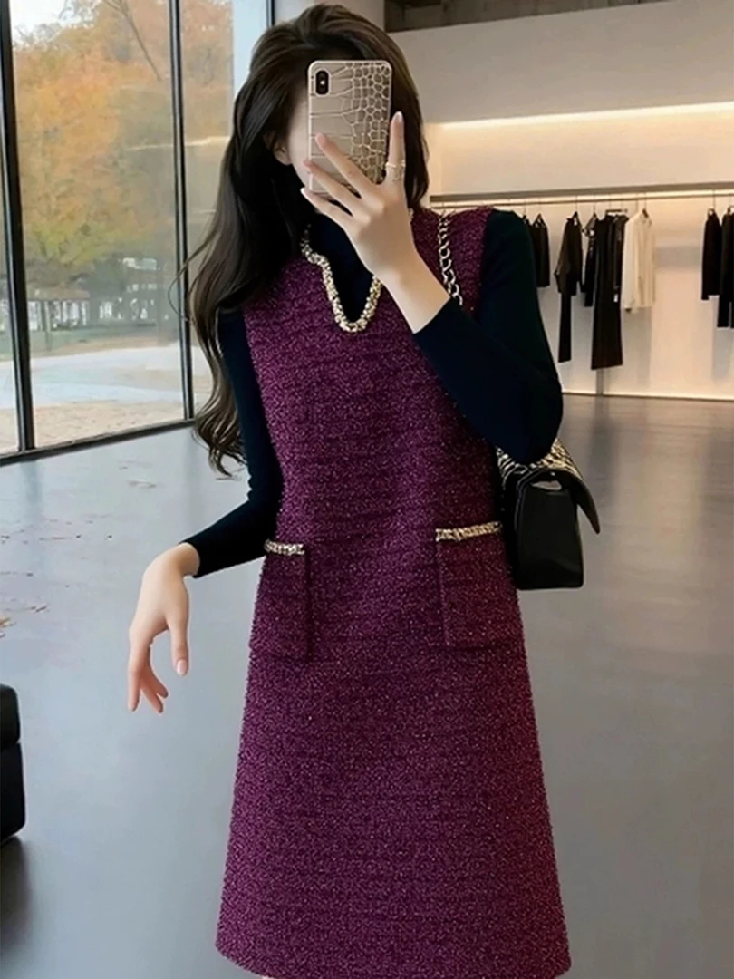 法式轻奢高级感紫色小香风背心裙秋冬轻熟风重工精致时髦洋气裙子