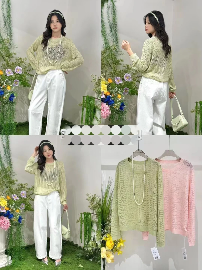 韩系百搭轻薄微透提花镂空圆领针织衫春季女款宽松洋气长袖