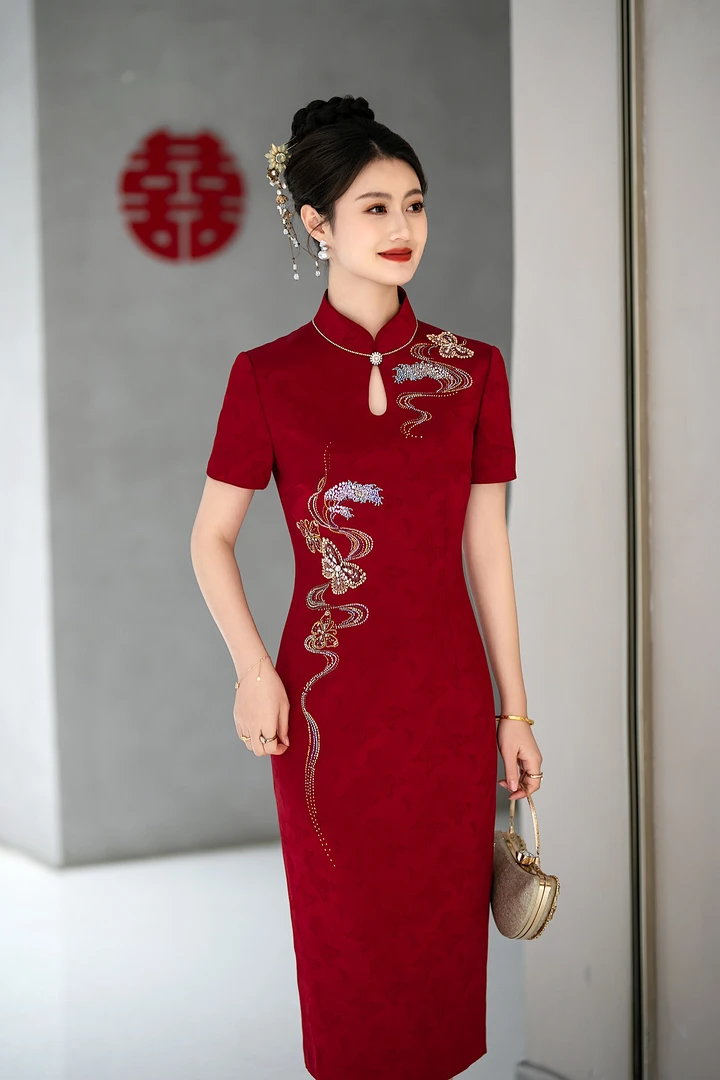 88901优雅气质中式醋酸提花喜宴旗袍